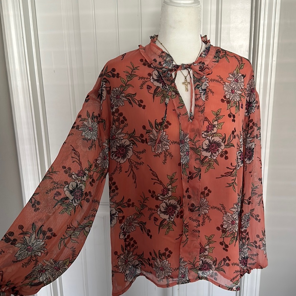 Peach orange Sheer long sleeve ruffled neck shirt